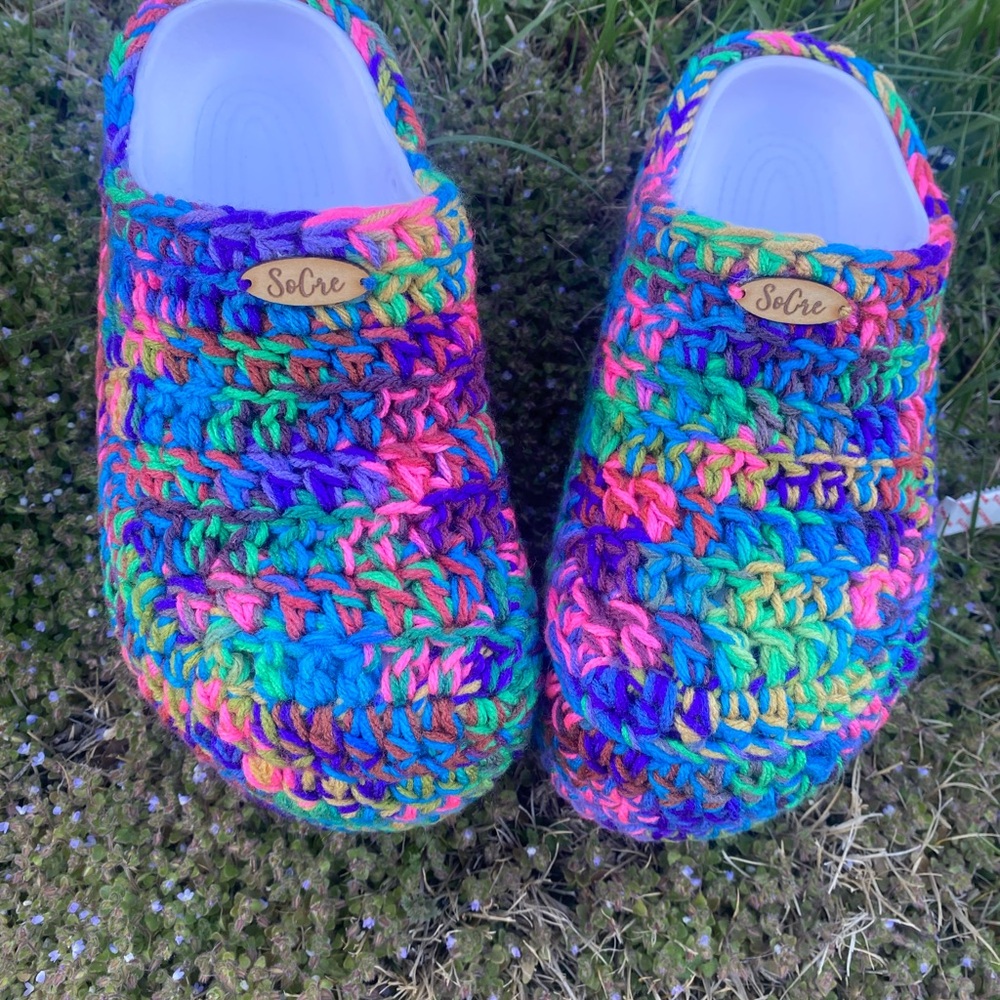 Blue and Green Clogs with Abstract Design